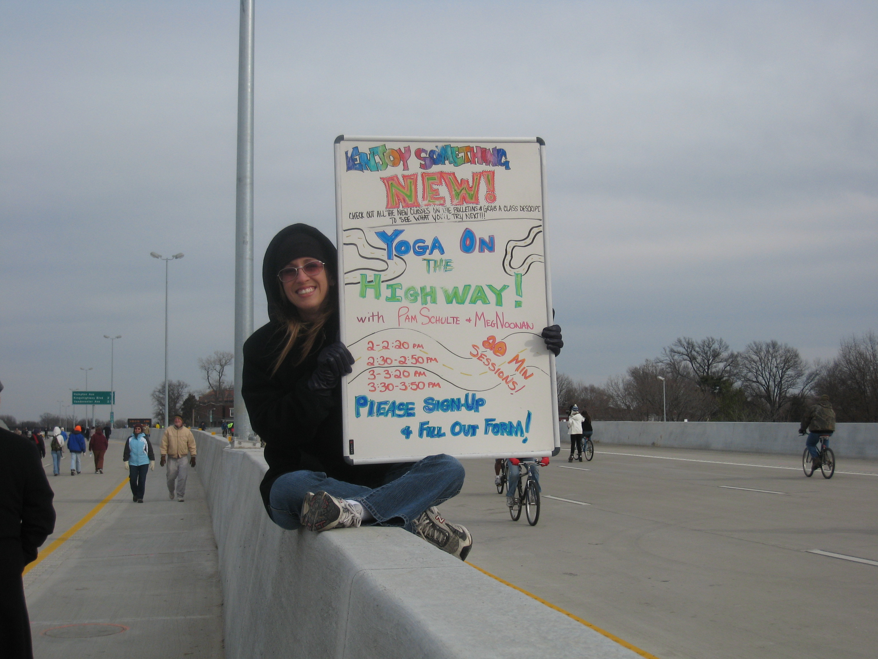 St. Louis Hwy 64 Re-opening day - Yoga on the Hwy sign